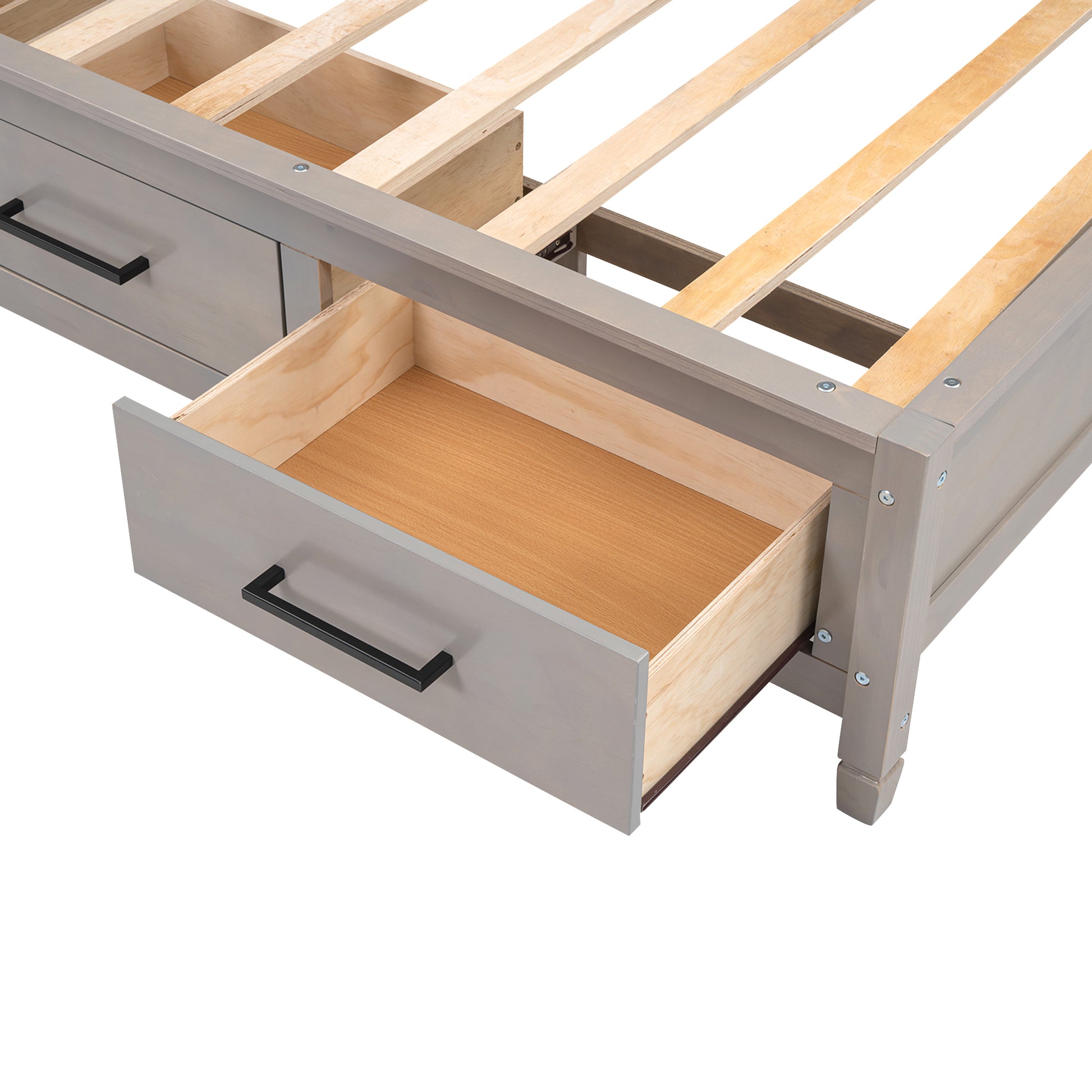 Gray wooden bed frame with two open storage drawers and black handles