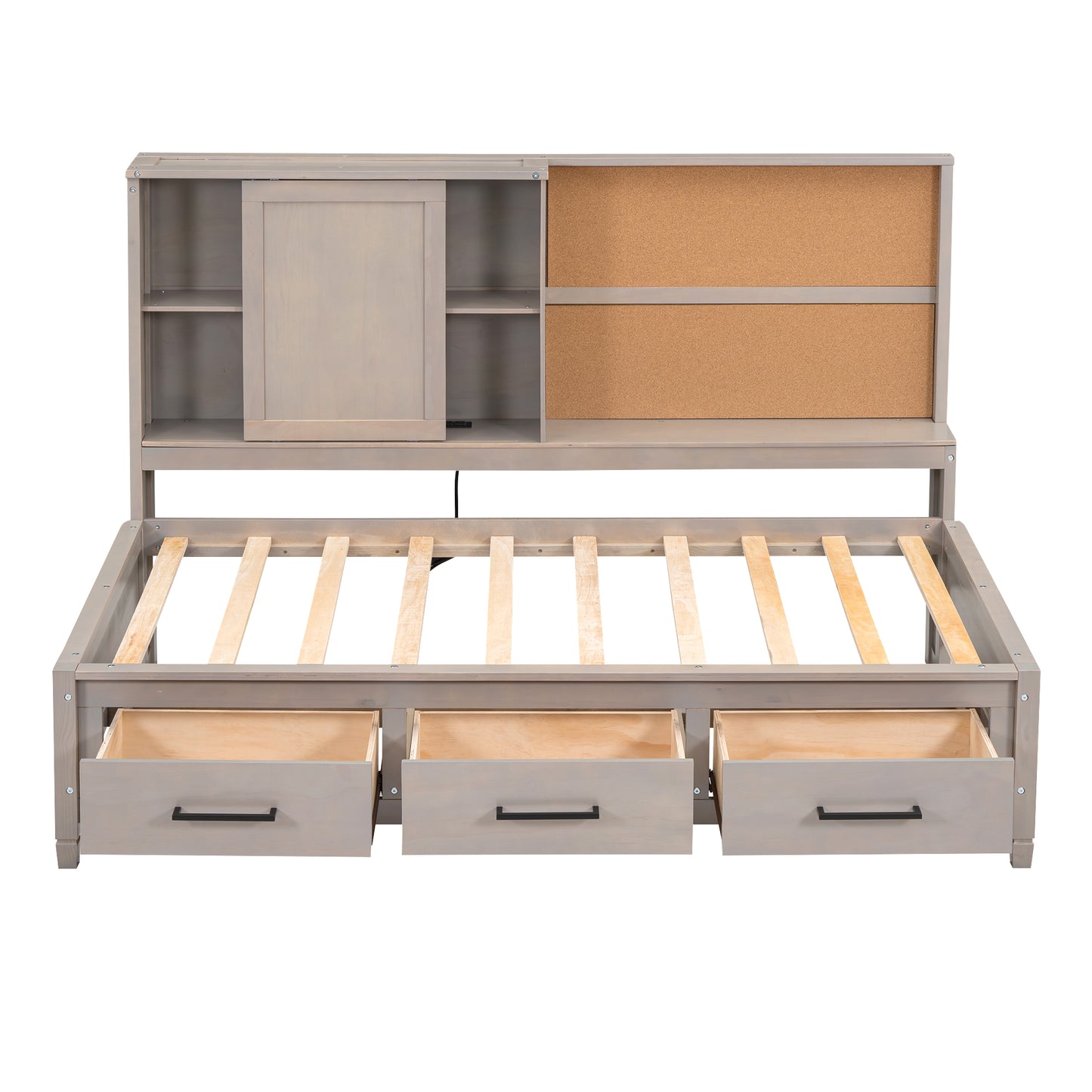 Gray wooden bed frame with drawers and storage headboard with corkboard section