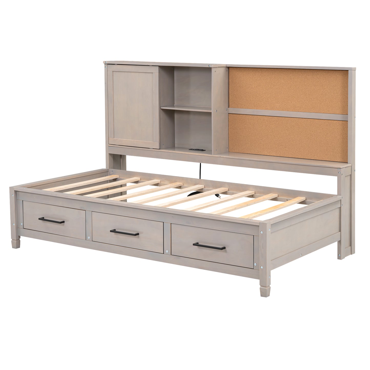 Gray wood twin bed frame with drawers and headboard shelves