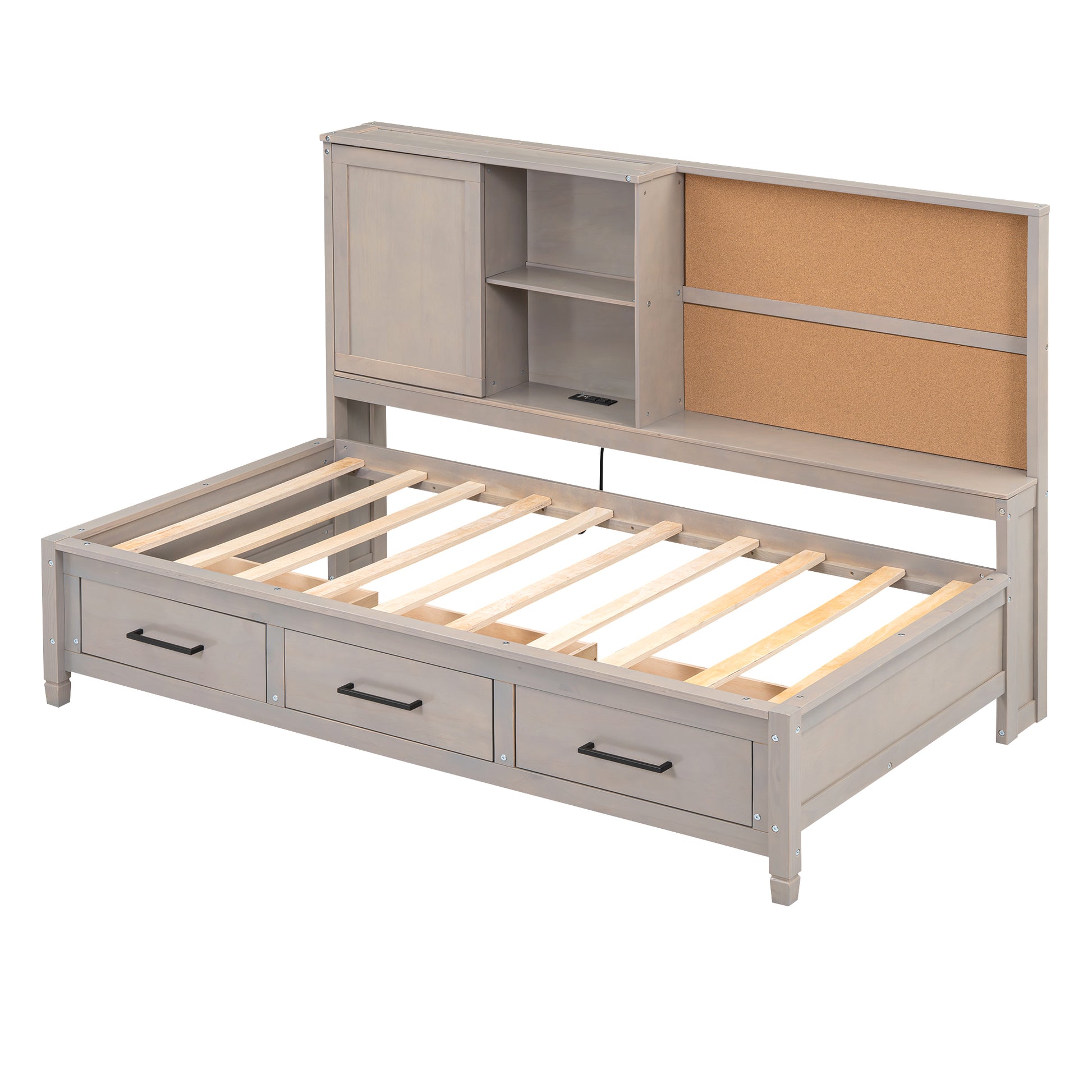 Gray twin bed frame with builtin storage drawers and headboard