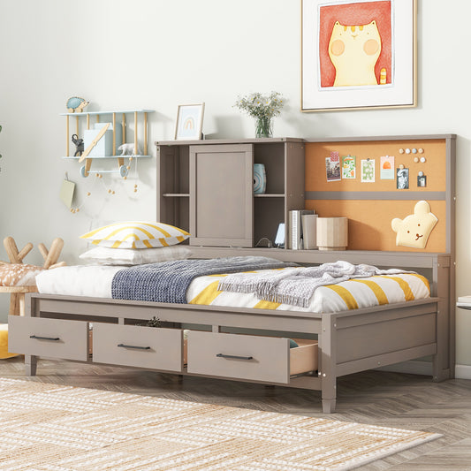 Gray twin bed frame with three drawers and a builtin hutch