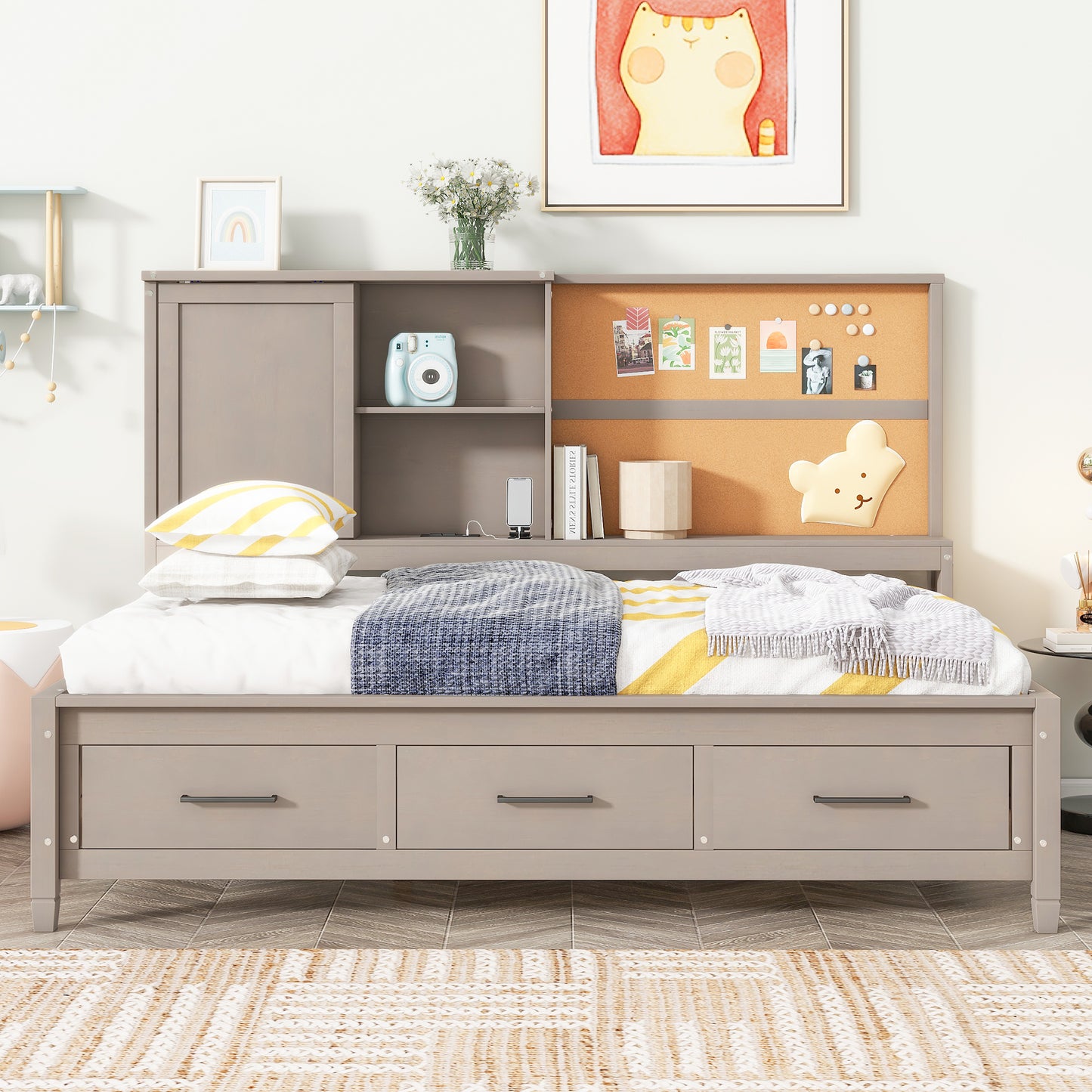 Grey wooden twin bed frame with builtin storage drawers and headboard