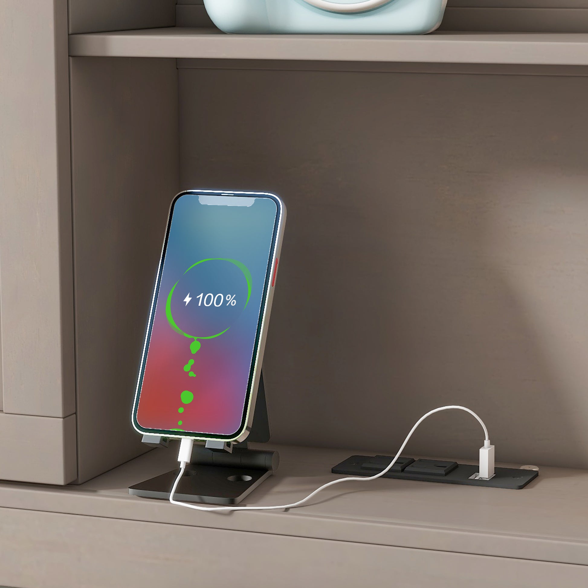 Black adjustable phone stand with iPhone charging