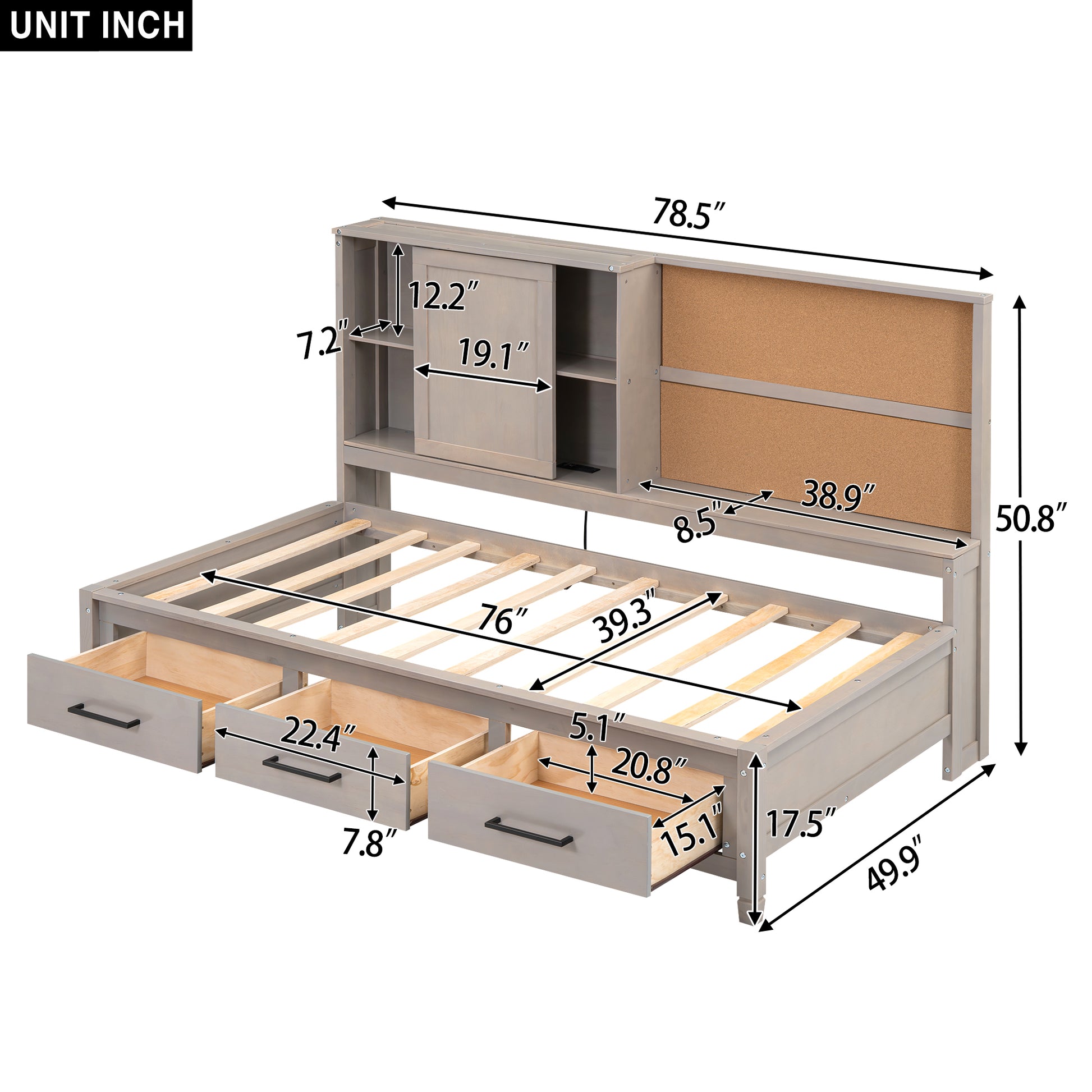 Grey wood twin bed frame with drawers and headboard storage