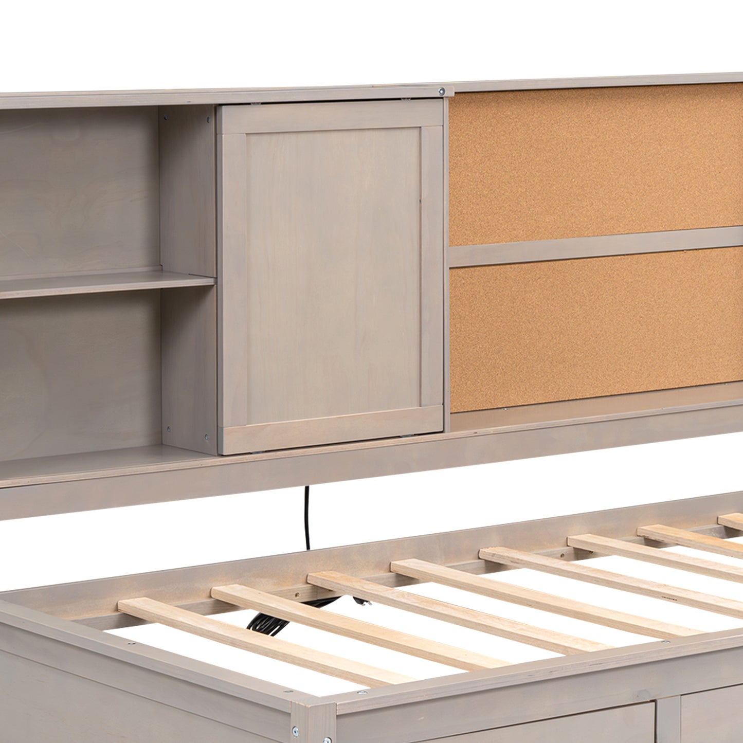 Gray wood loft bed with builtin bookshelf and corkboard headboard