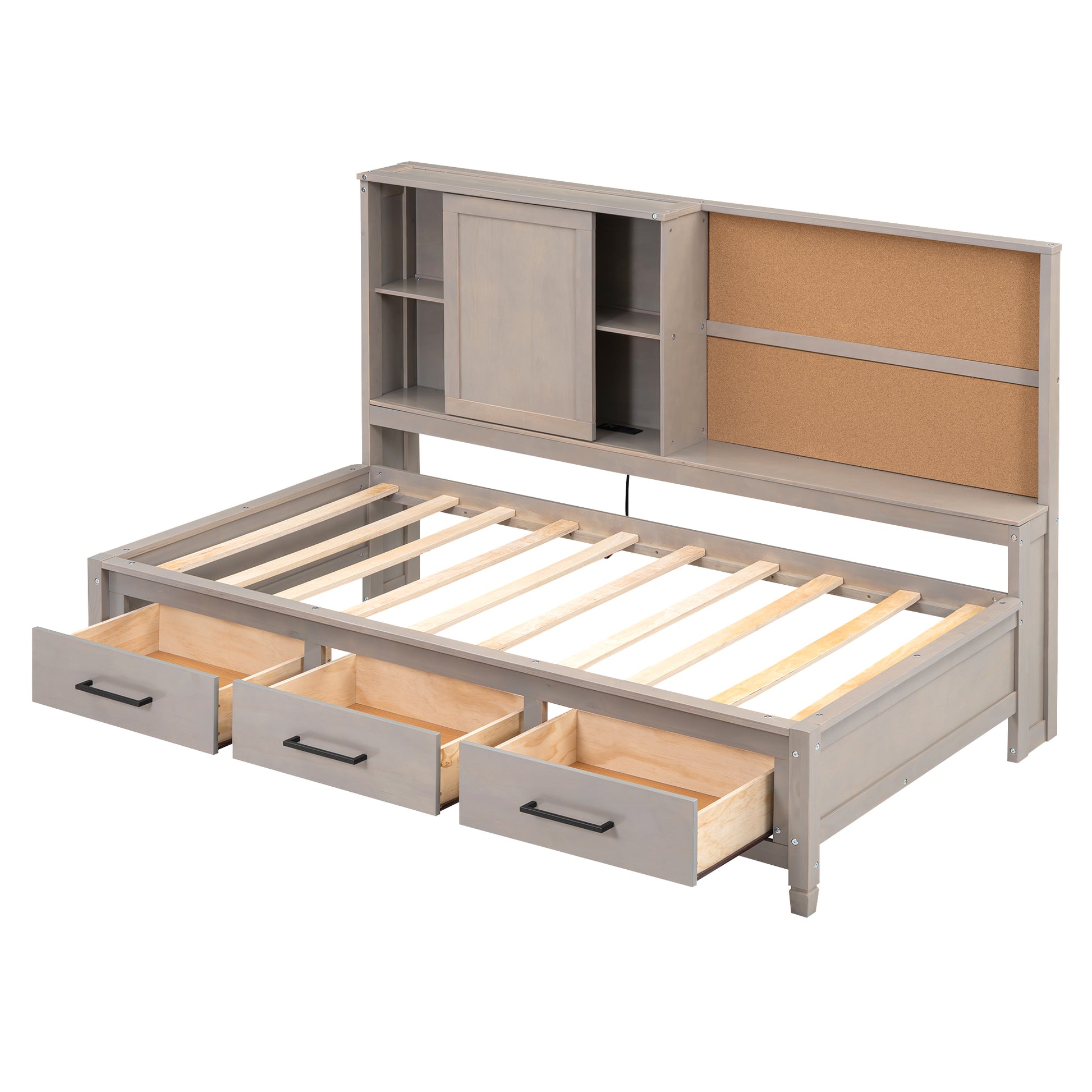 Gray wooden daybed with three drawers and a bookcase headboard