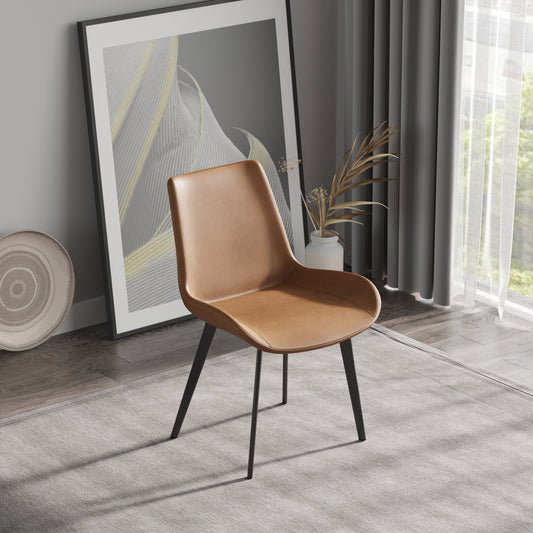 Modern brown leather dining chair with black metal legs