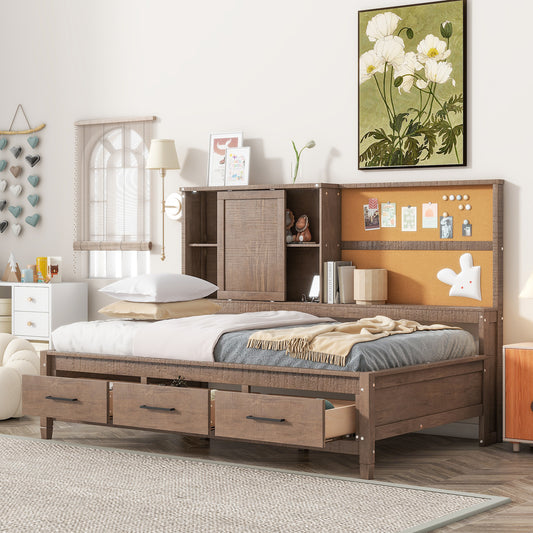 Wooden bed frame with storage drawers and integrated headboard shelving