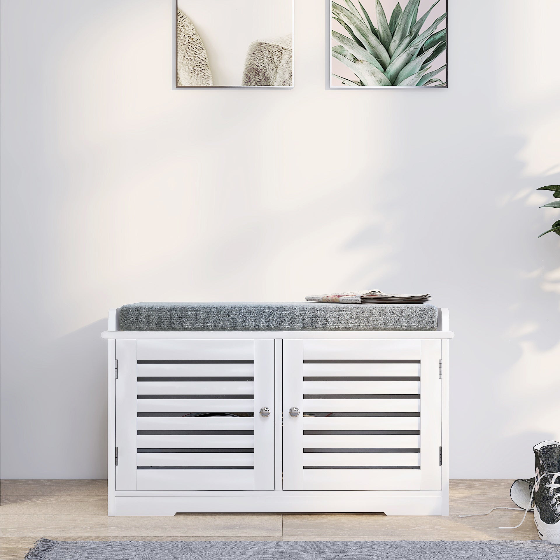 White slatted entryway bench with grey cushioned seat