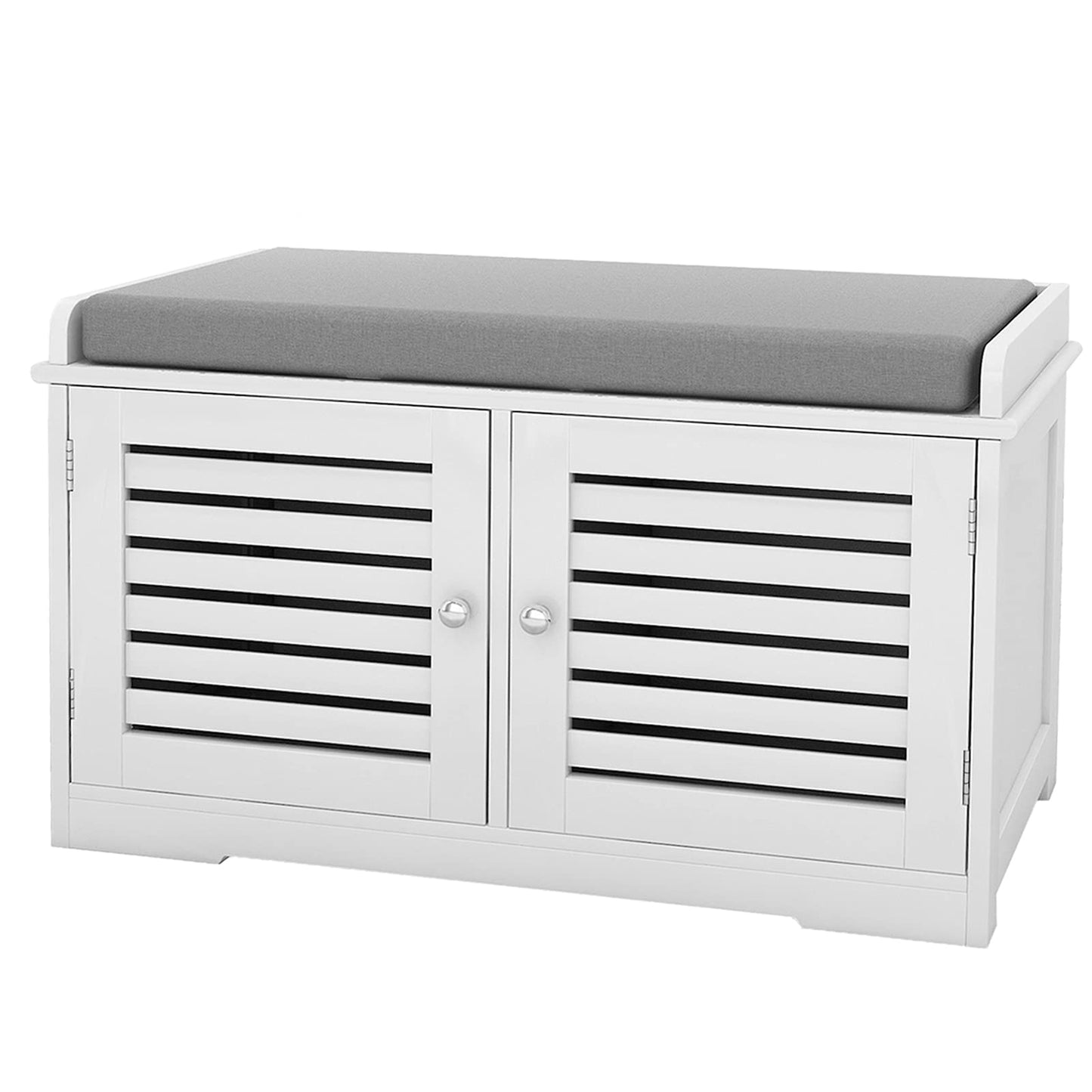 White wooden shoe cabinet bench with gray upholstered seat