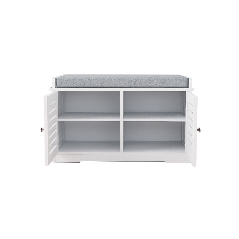 White shoe cabinet bench with grey upholstered top and four open shelves