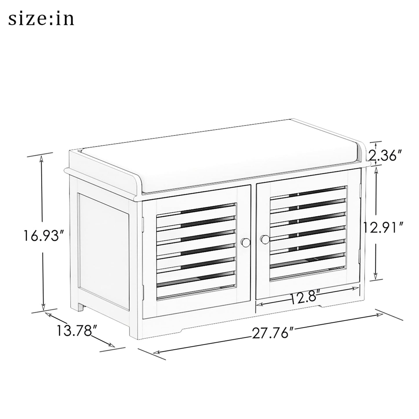 White wooden shoe cabinet bench with two slatted doors and a padded top