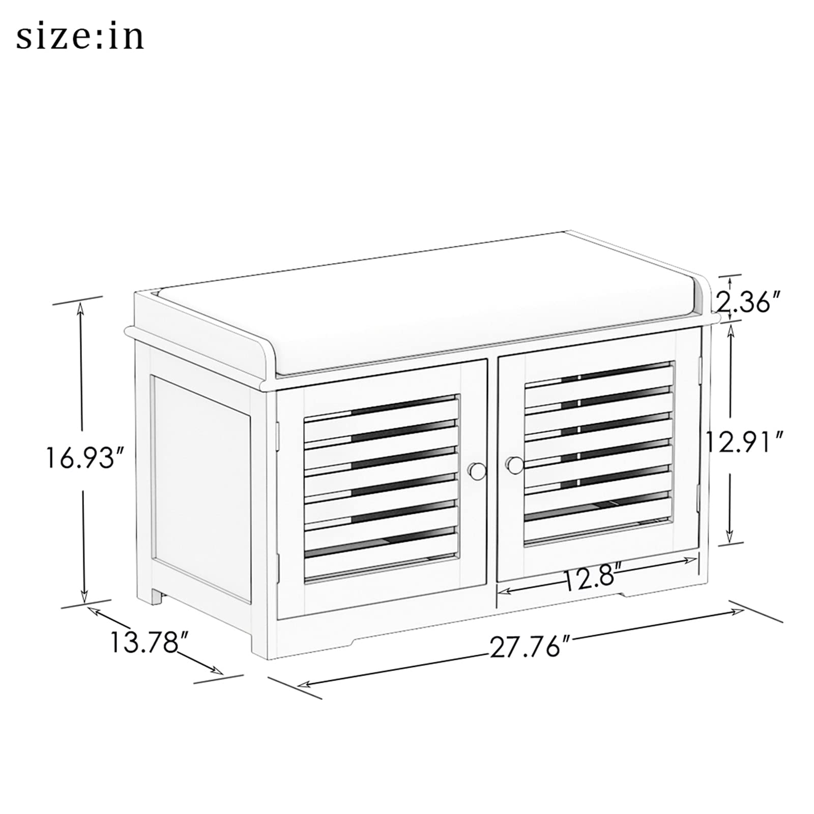 White wooden shoe cabinet bench with two slatted doors and a padded top