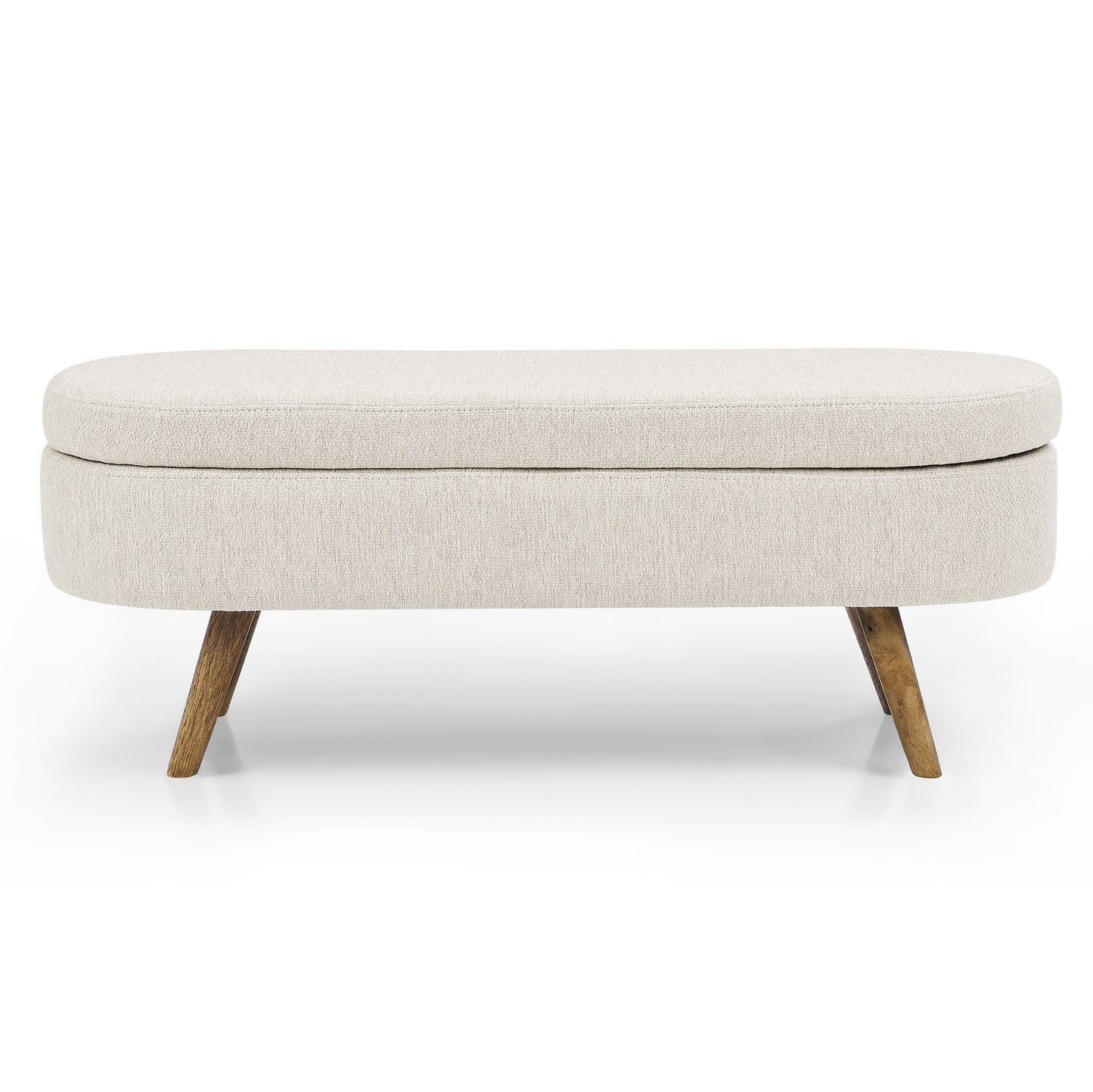 Cream fabric storage ottoman with wooden legs