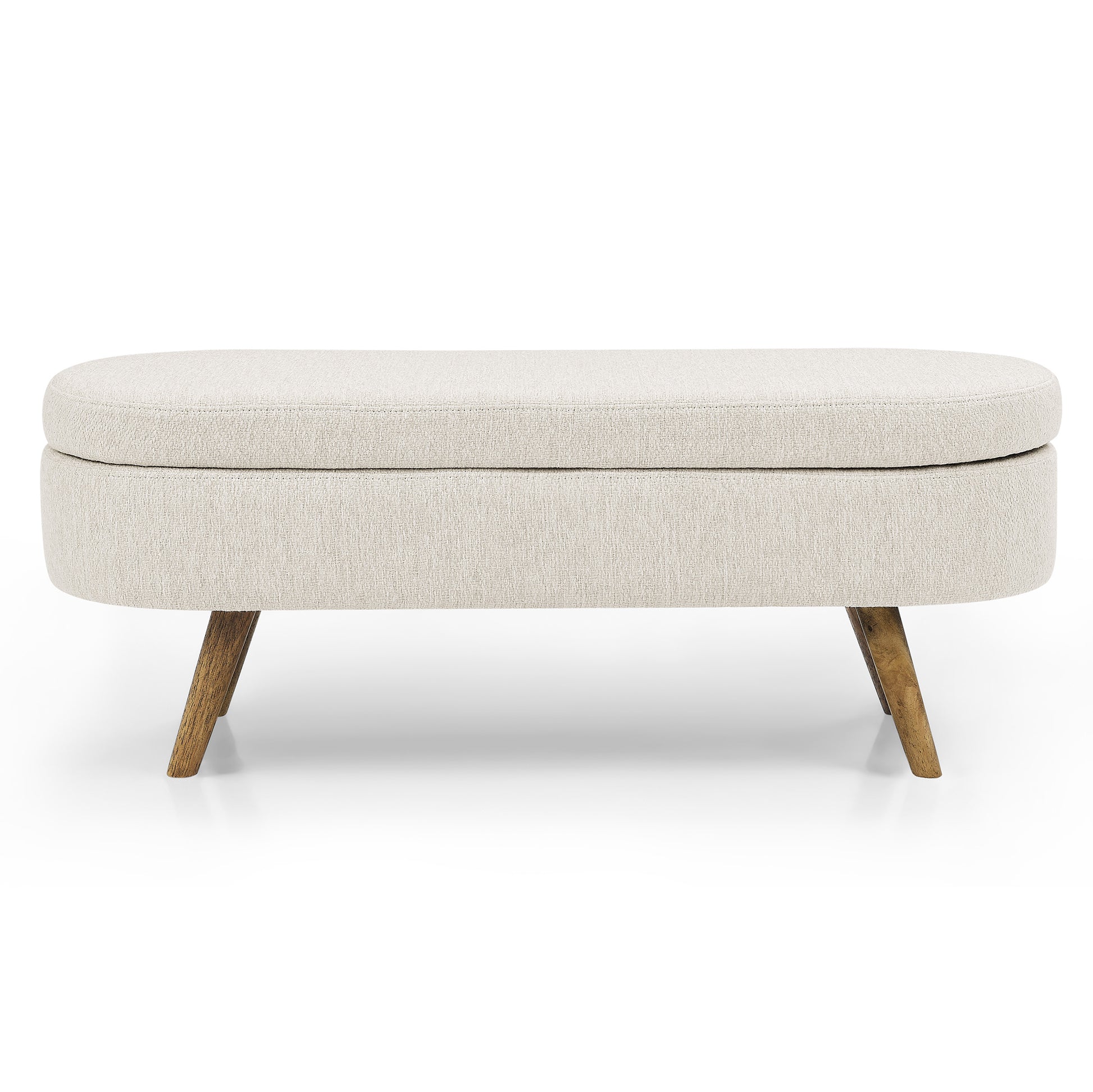 Cream fabric storage ottoman with wooden legs
