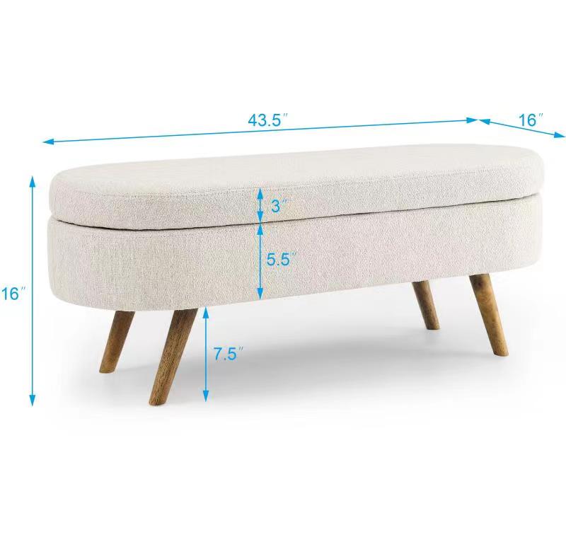 Beige upholstered storage bench with tapered wooden legs