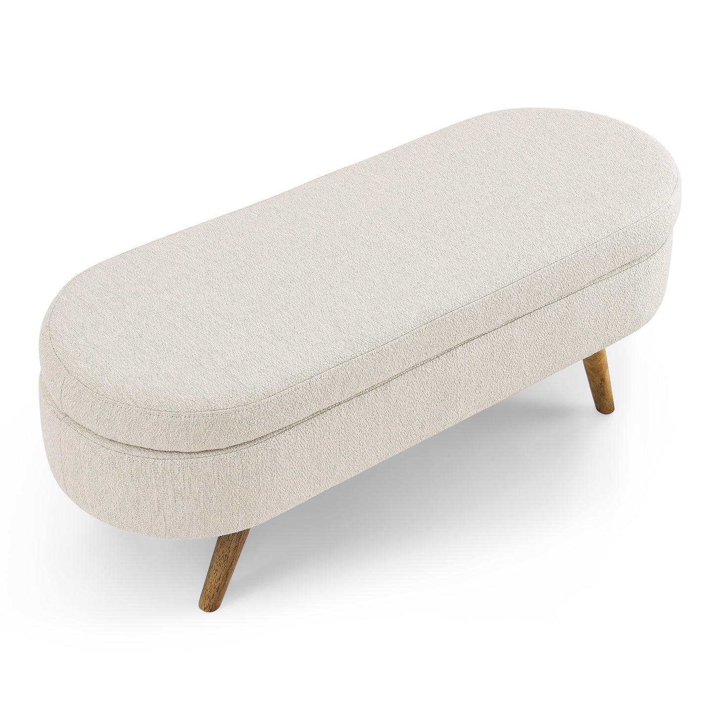 Cream upholstered oval storage bench with tapered wooden legs