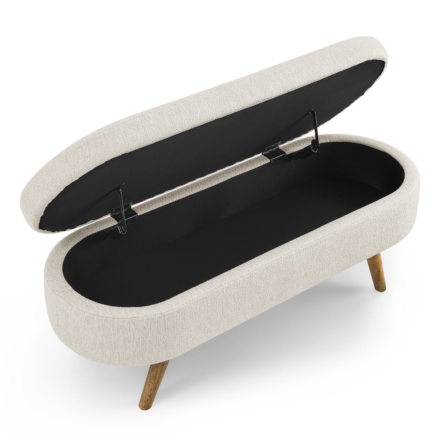 Cream fabric storage ottoman with open lid and wooden legs