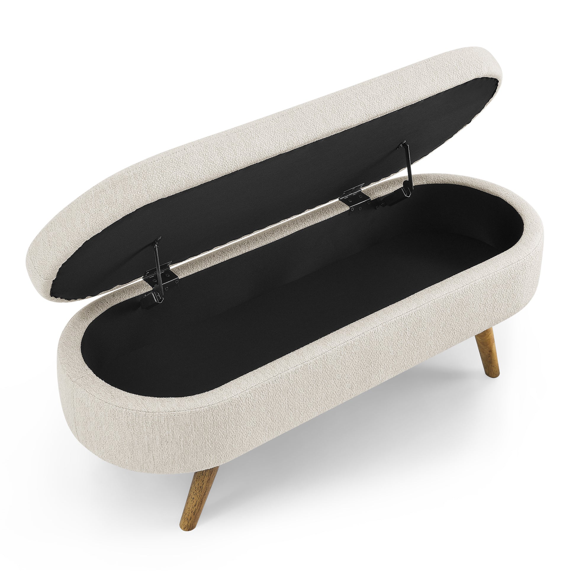 Cream fabric storage ottoman with open lid and wooden legs