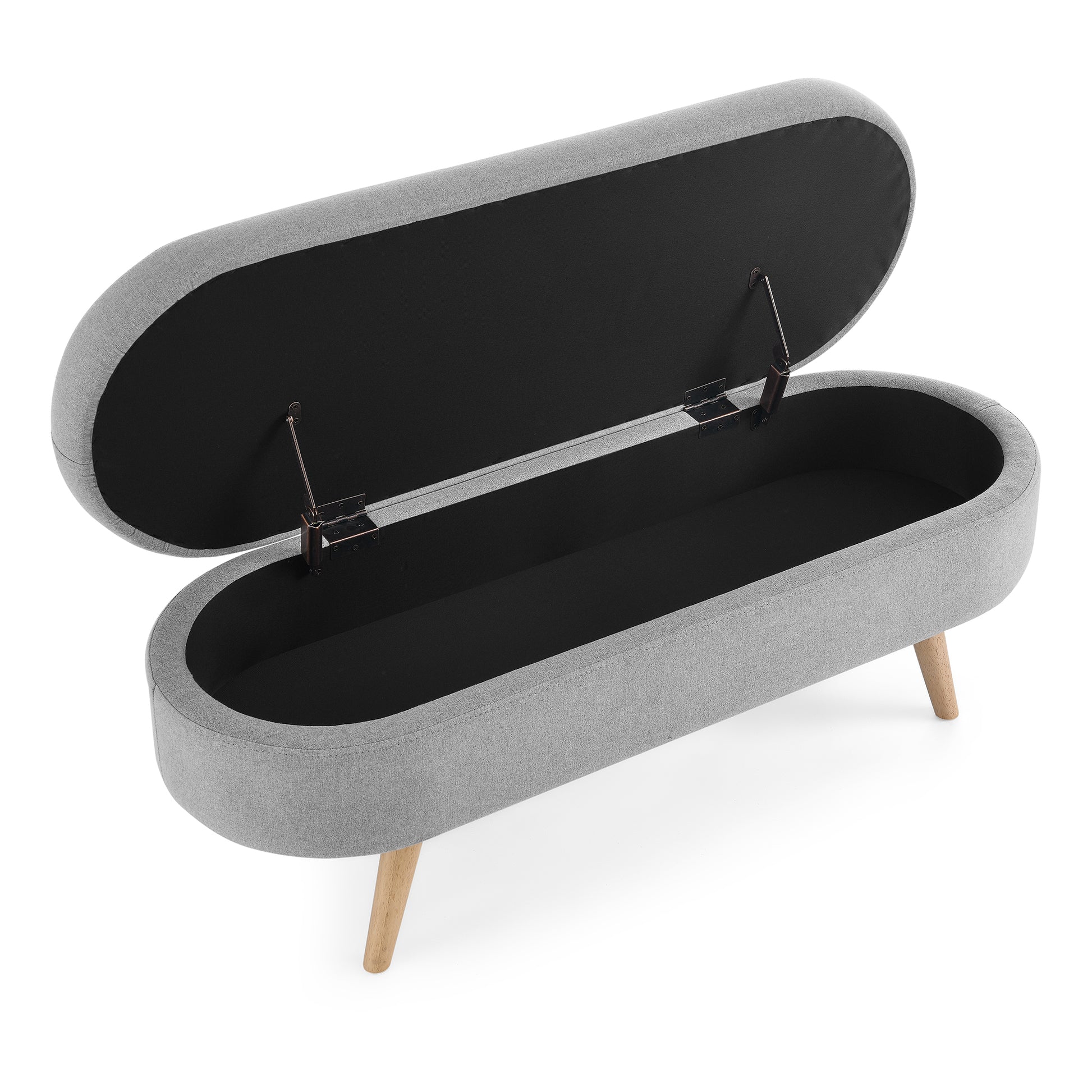 Grey fabric storage ottoman with open lid and wooden legs