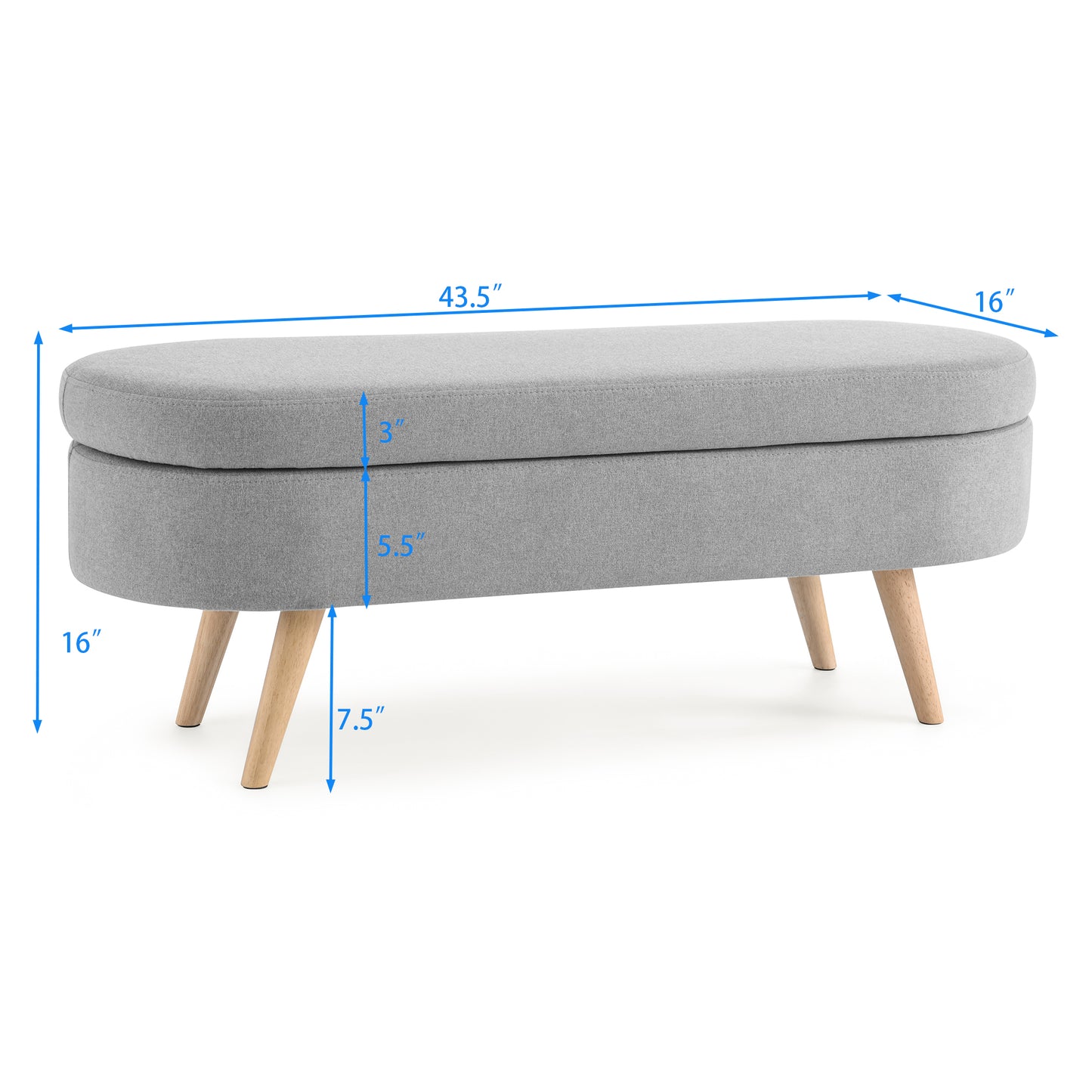 Grey fabric storage ottoman bench with midcentury modern wooden legs