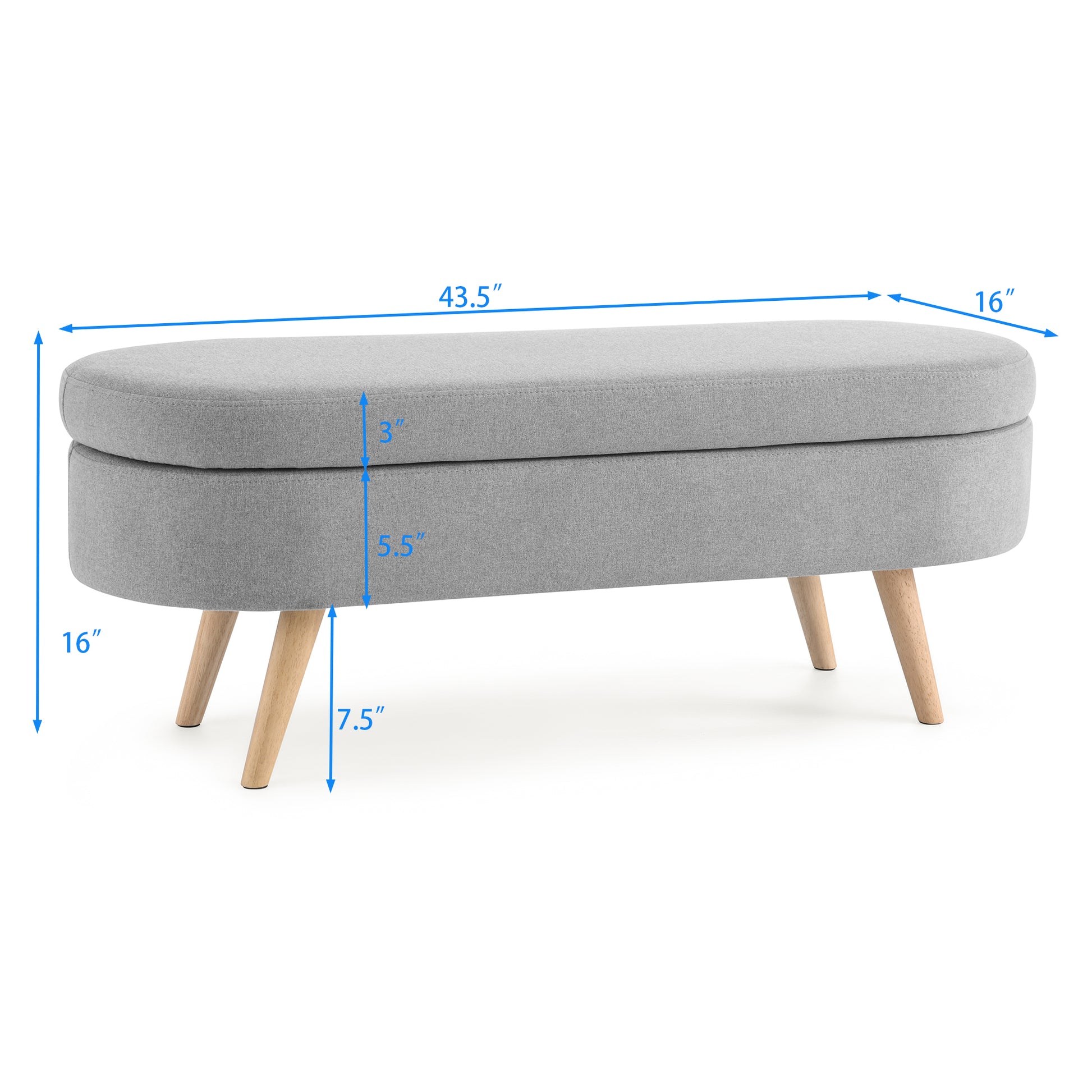 Grey fabric storage ottoman bench with midcentury modern wooden legs