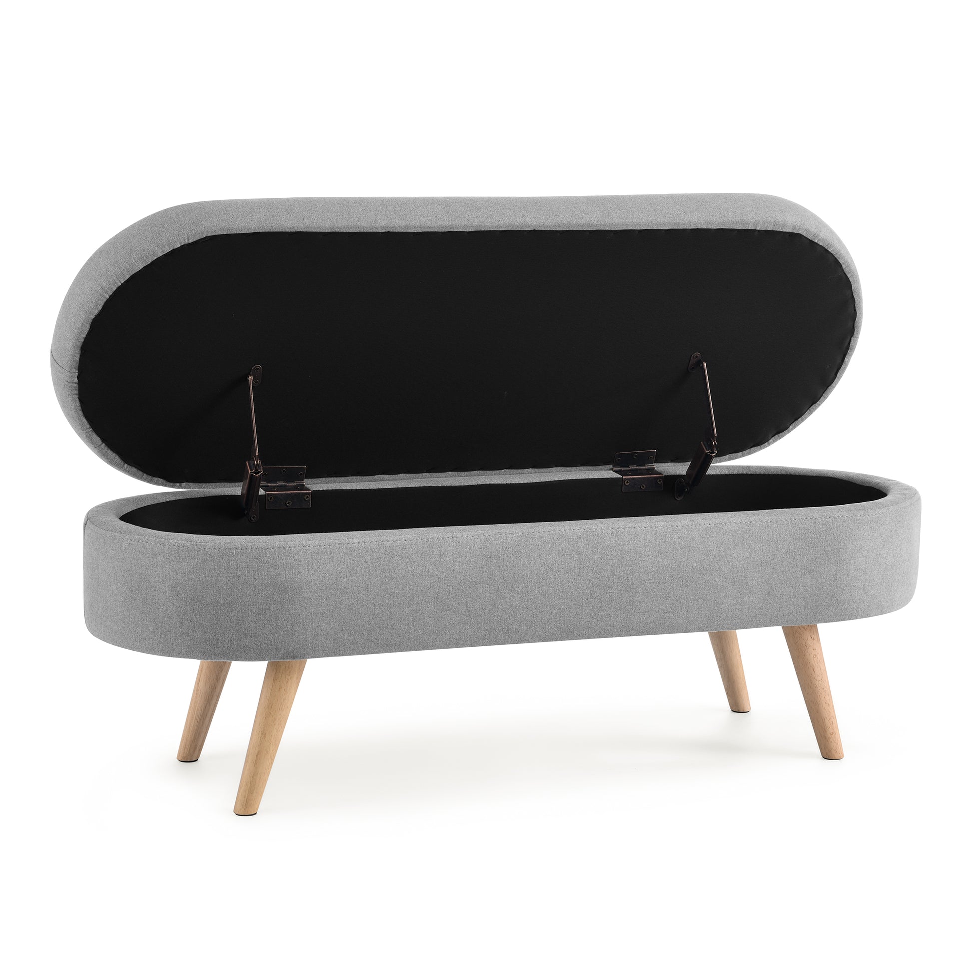 Grey fabric storage ottoman bench with open lid and wooden legs