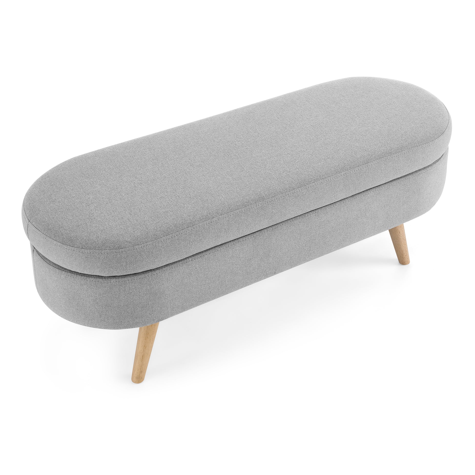Gray fabric ottoman with tufted top and wooden legs