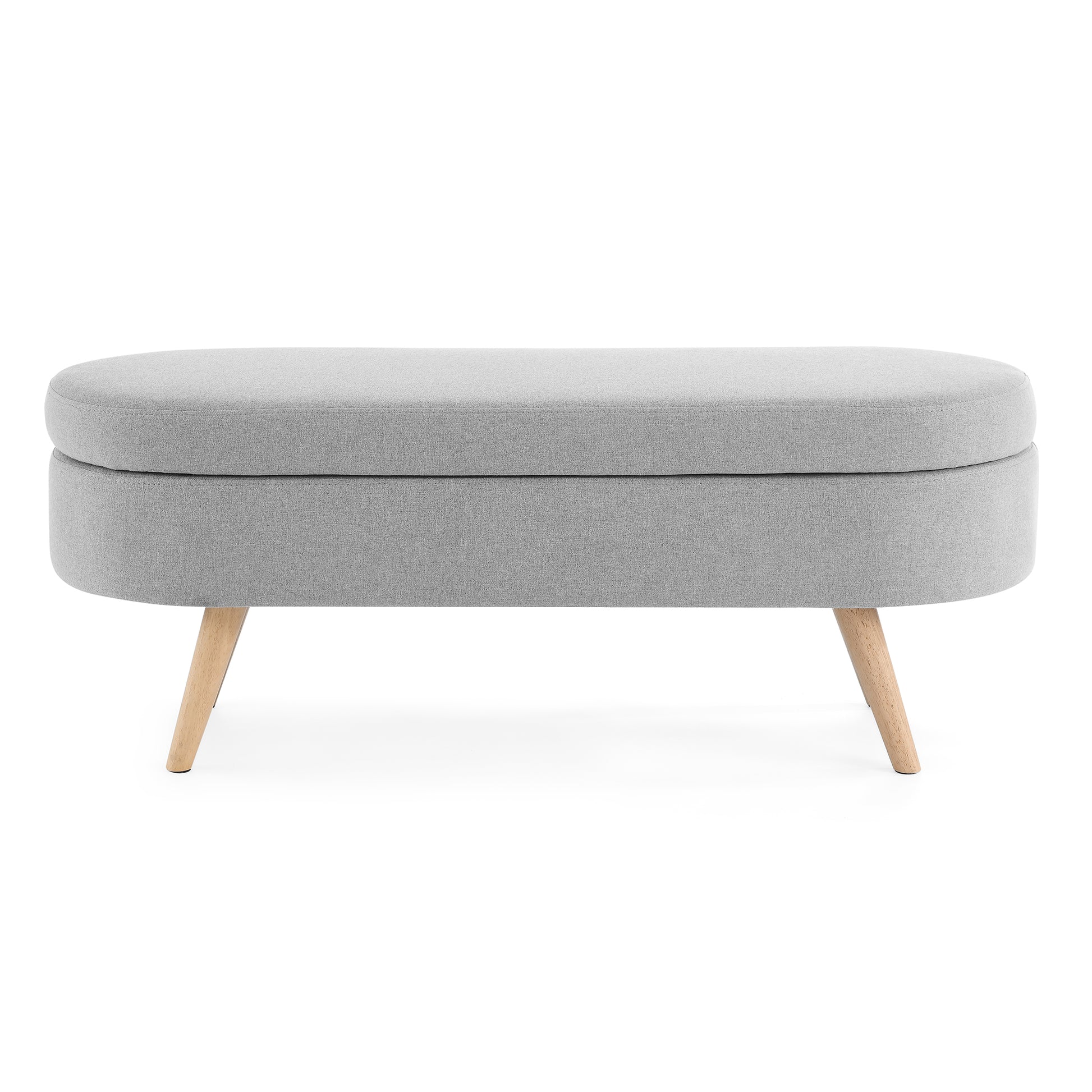 Grey fabric storage bench with rounded edges and tapered wooden legs for entryway seating