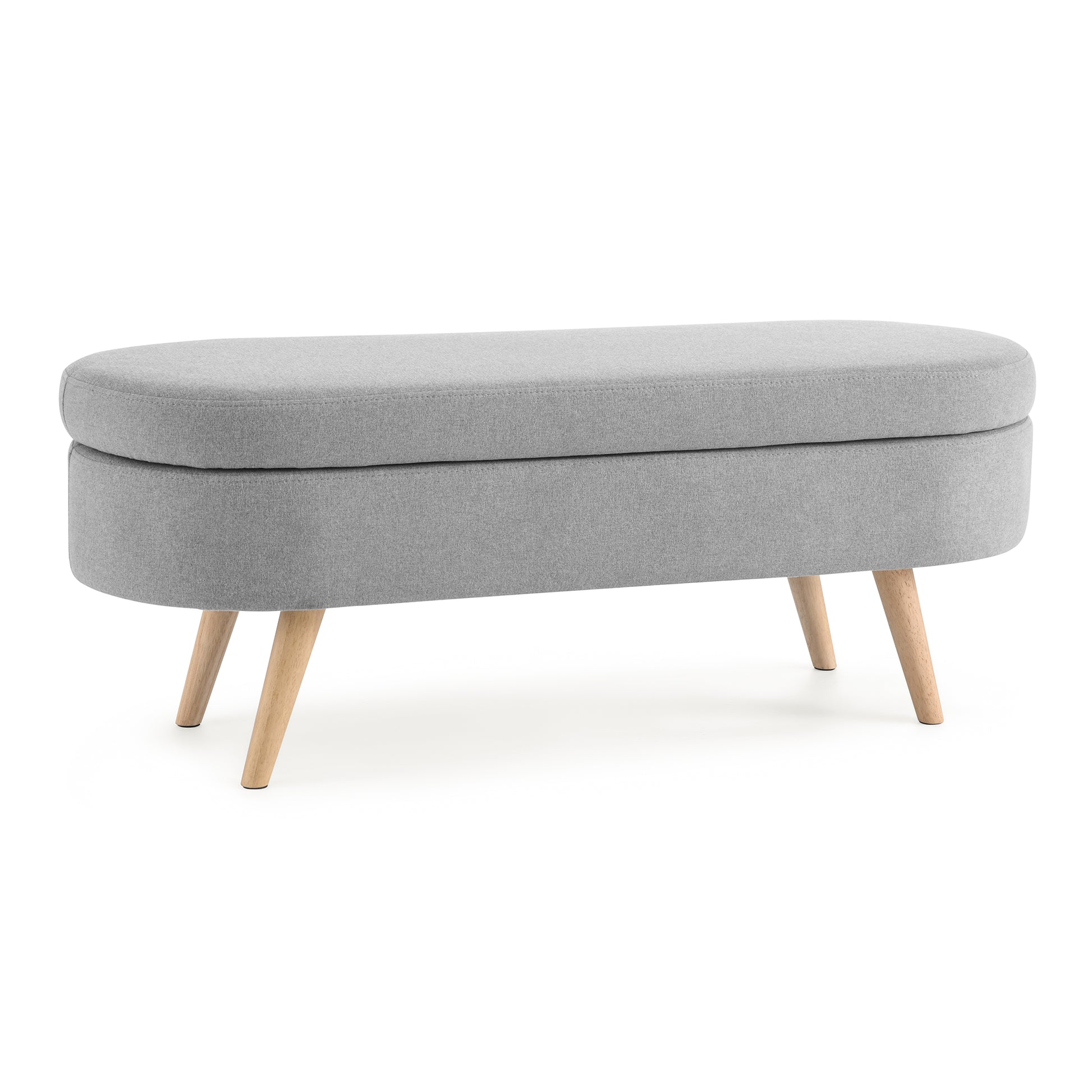 Grey upholstered storage bench with wooden legs