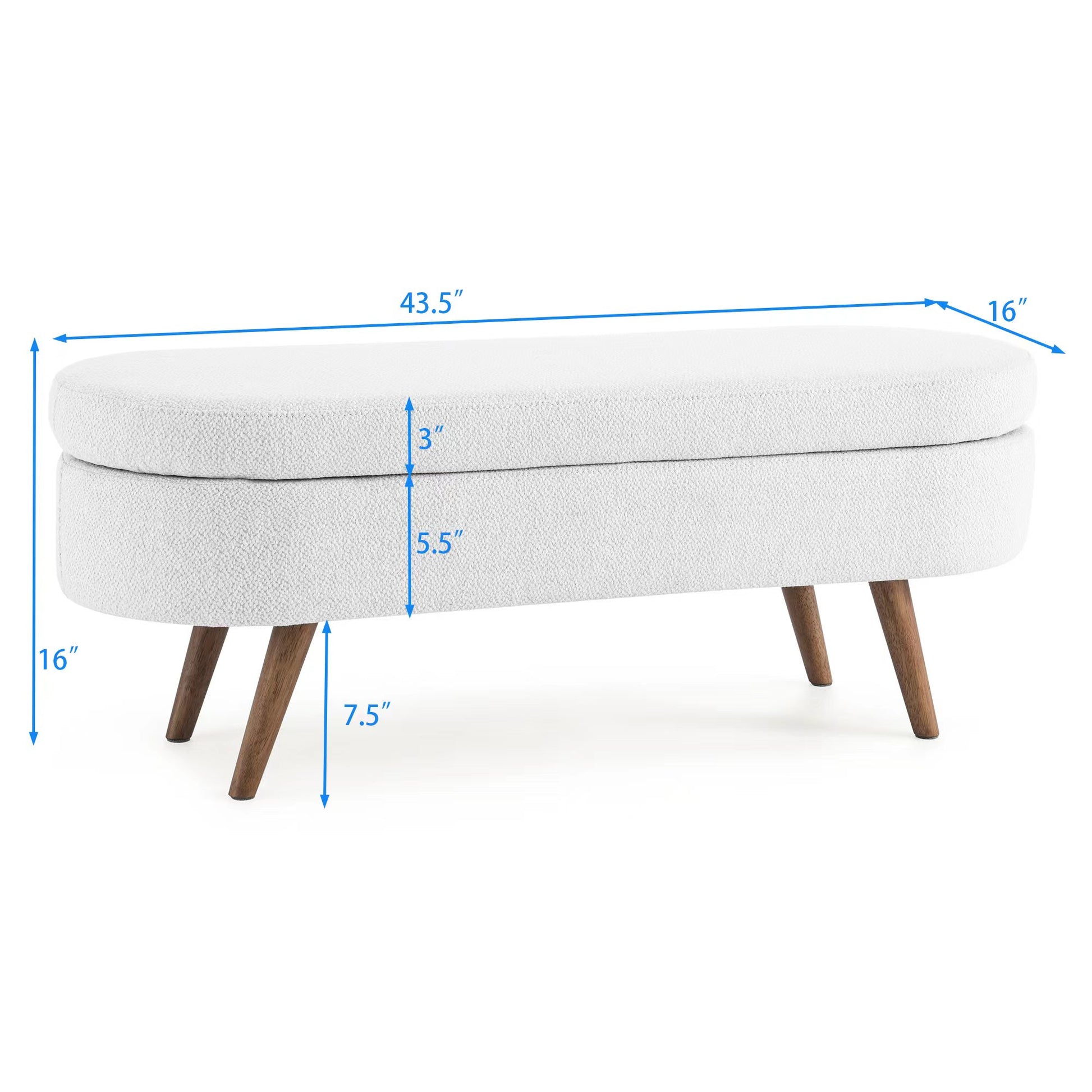 White textured storage ottoman with wooden tapered legs