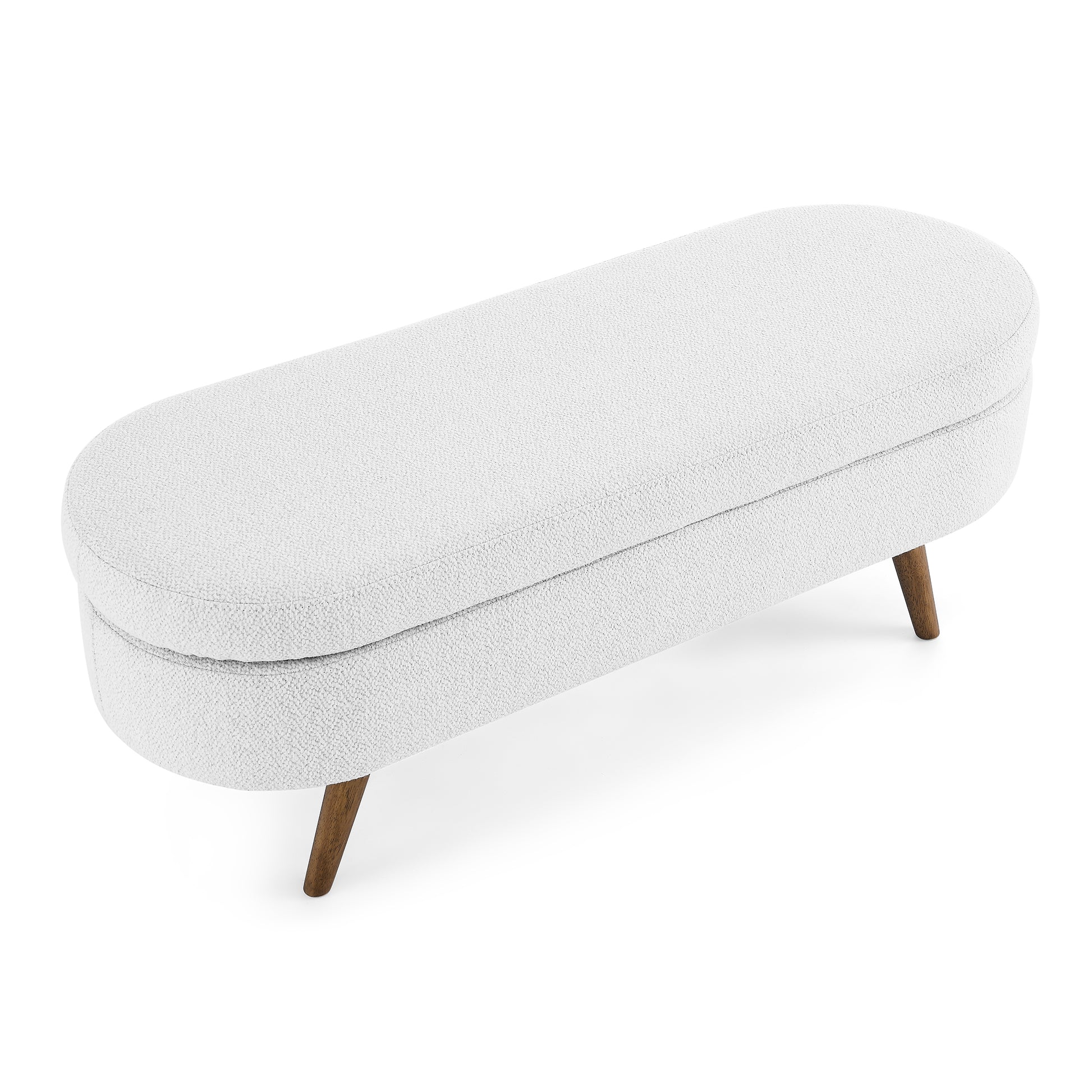White boucle storage bench with tapered wooden legs