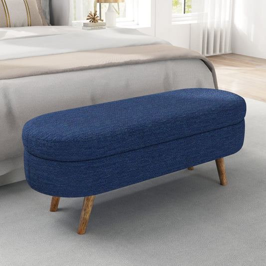 Oval navy upholstered storage bench with wooden legs