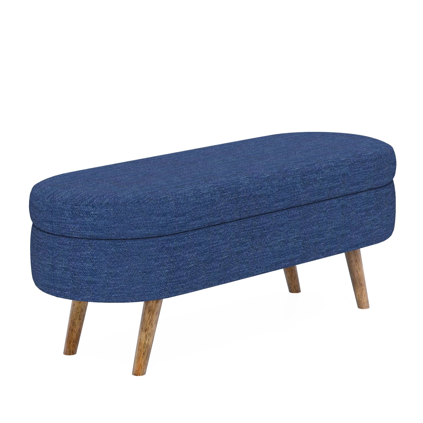 Blue fabric storage ottoman with tapered wooden legs