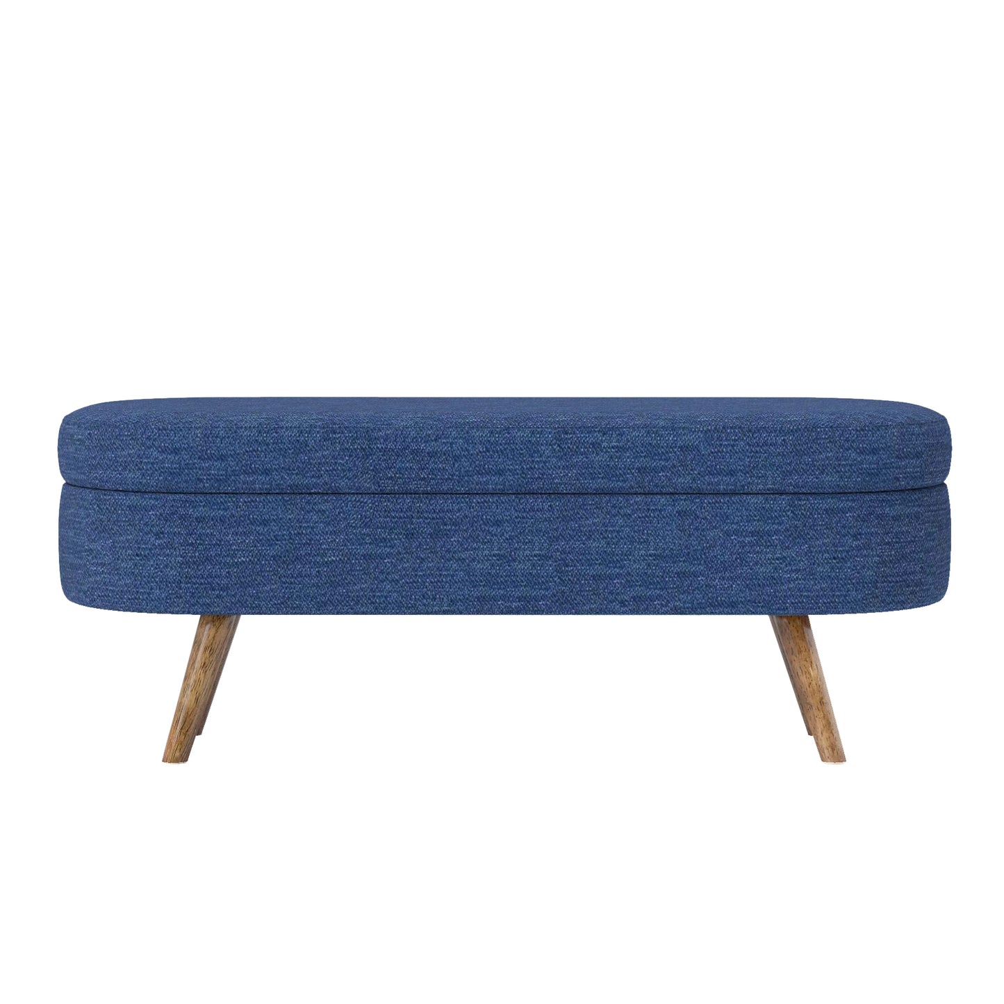 Blue fabric ottoman with wooden legs