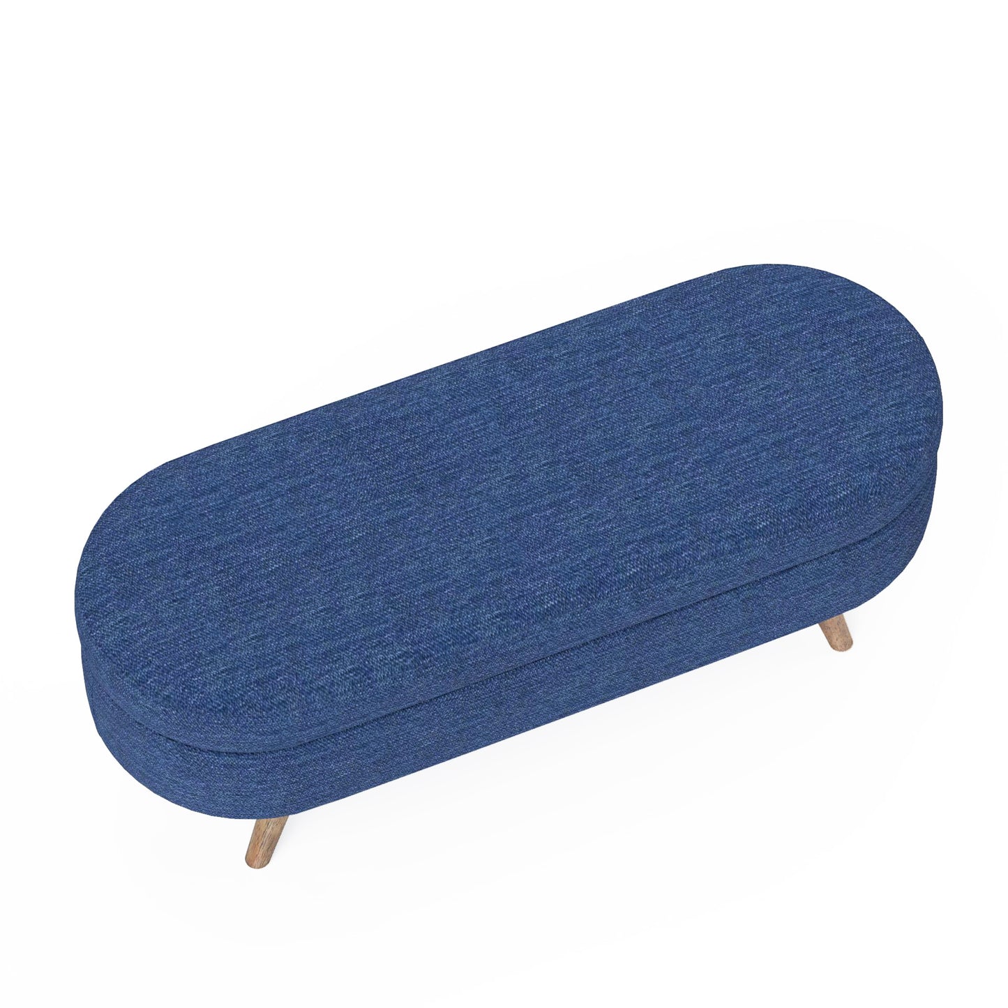 Blue fabric storage bench with wooden legs and rounded edges