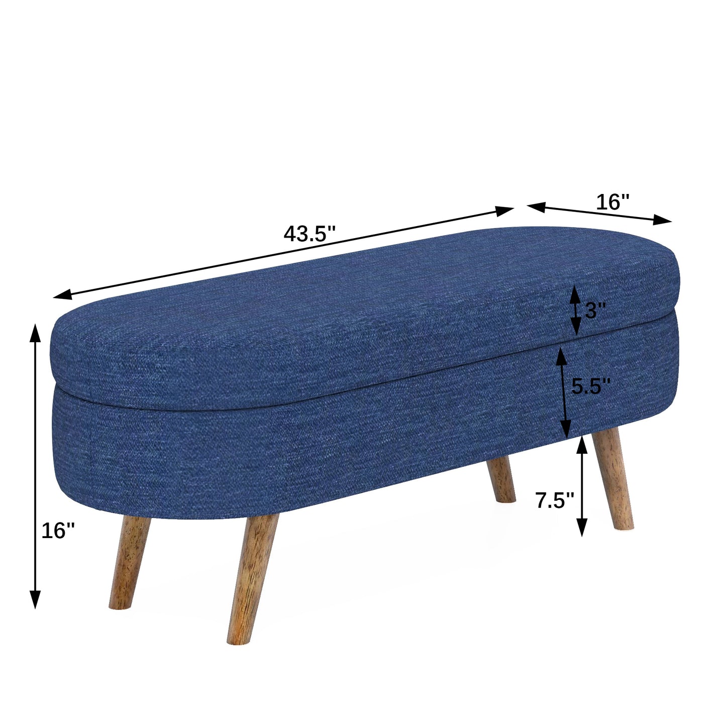 Blue upholstered storage ottoman with wooden legs