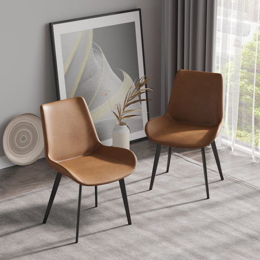 Tan faux leather dining chair with black metal legs