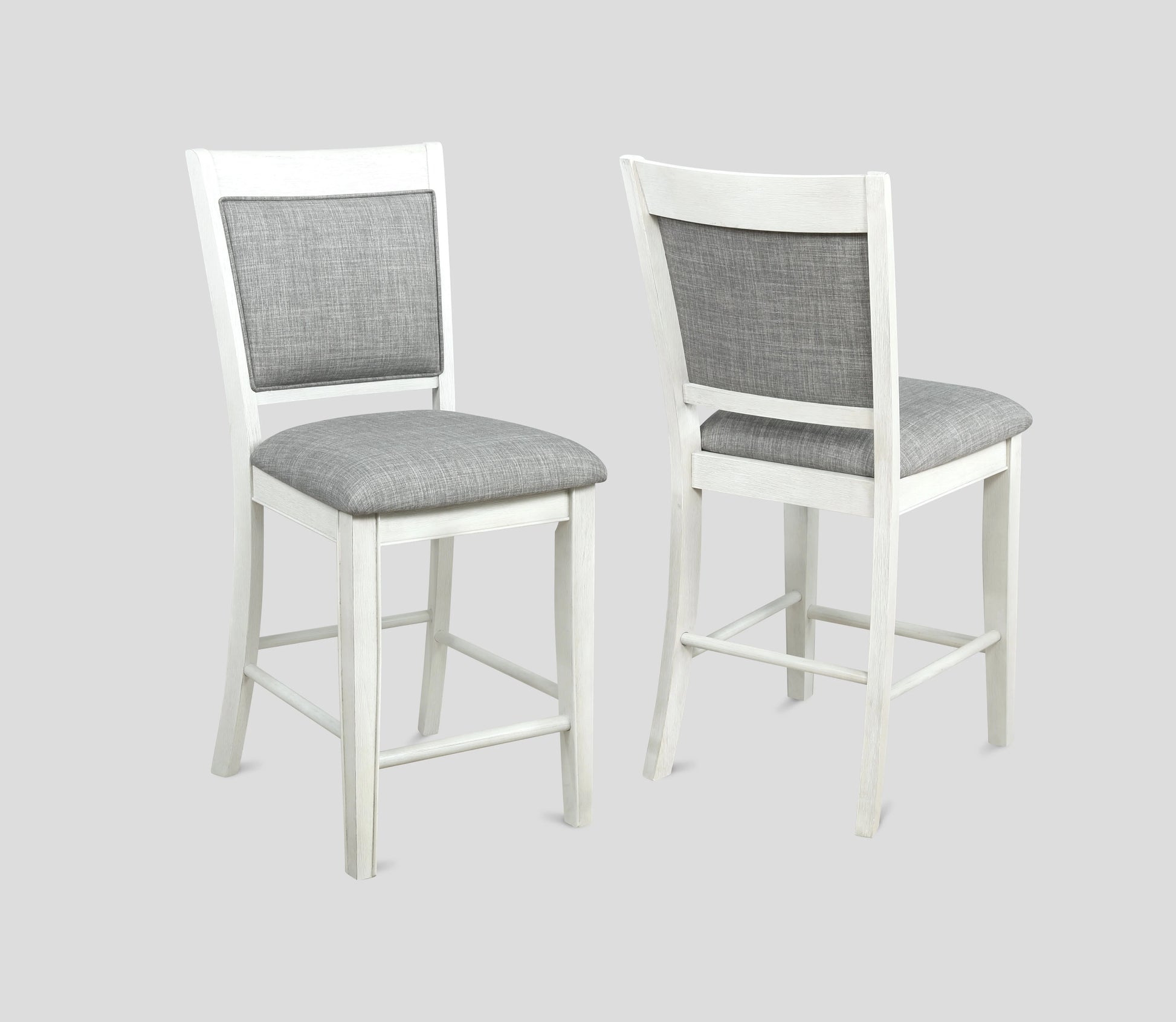 White wash counter stool with grey upholstered seat and back