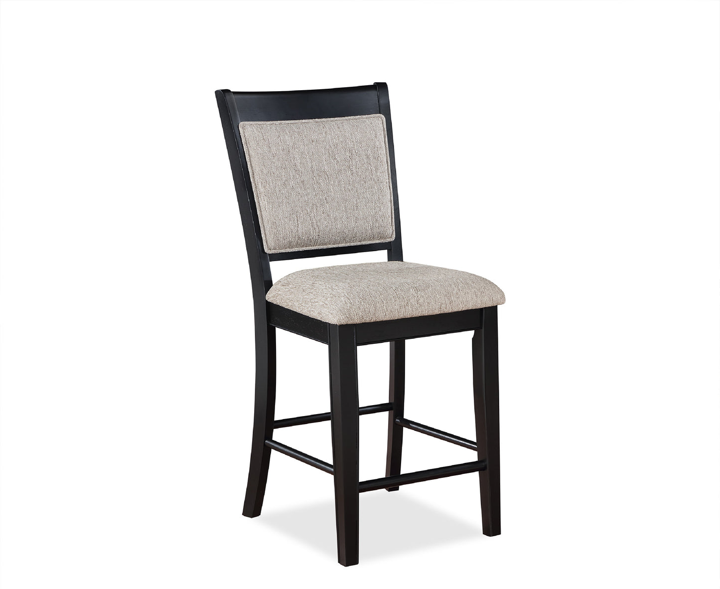 Black wooden bar stool with beige upholstered seat and back