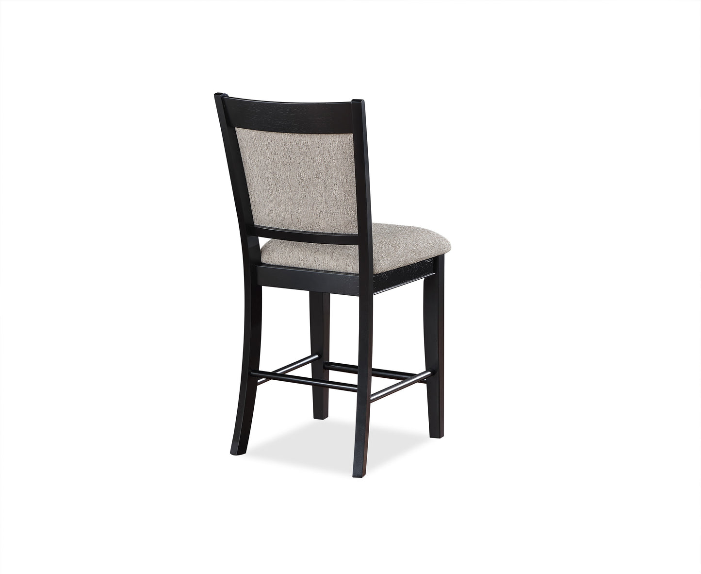 Dark wood bar stool with neutral upholstered seat and back