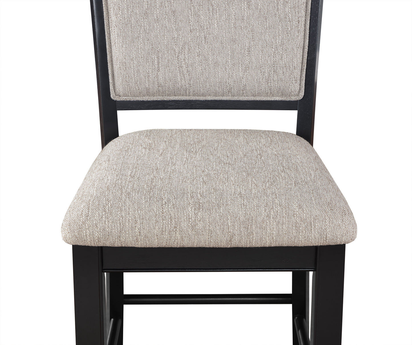 Closeup of a textured beige upholstered seat on a dark wood bar stool