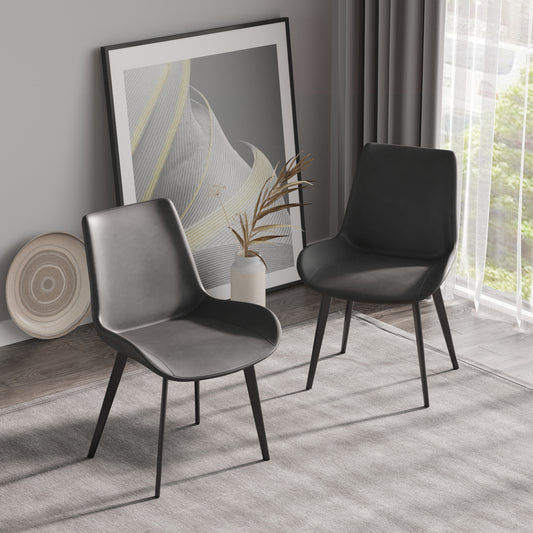 Two charcoal vegan leather dining chairs with dark metal legs