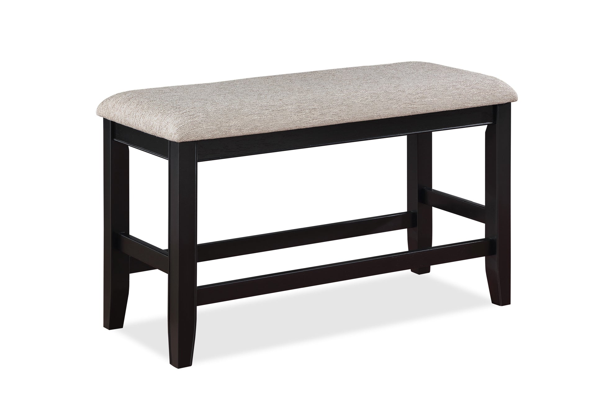 Dark brown wooden frame upholstered bench with neutral fabric seat