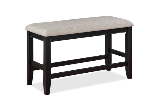 Dark brown wooden frame upholstered bench with neutral fabric seat