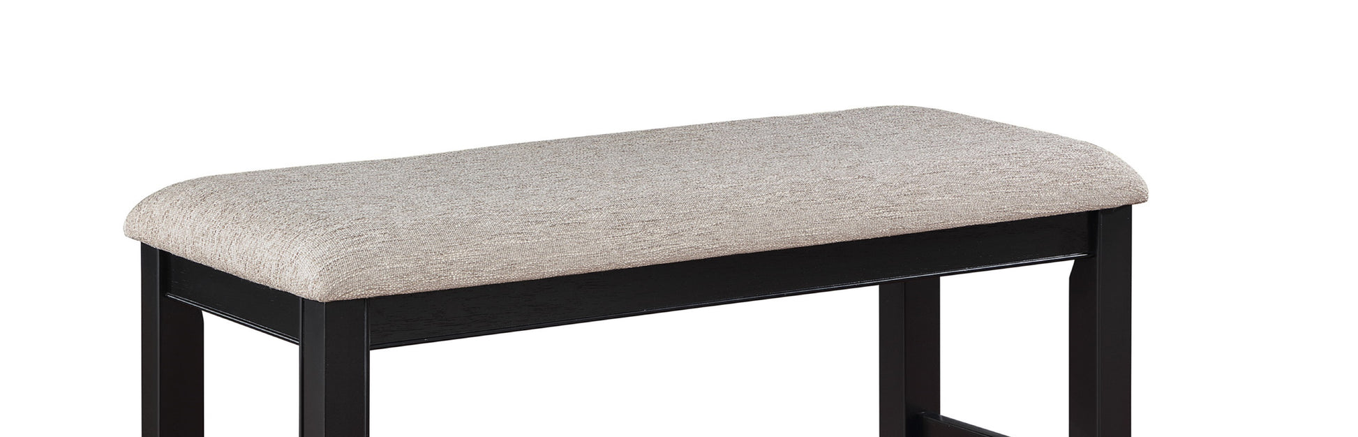 Upholstered vanity stool with a neutral textured fabric seat and dark wood frame