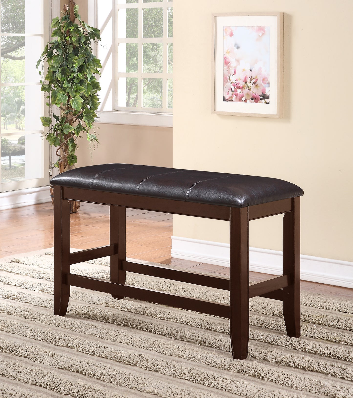 Dark brown faux leather dining bench with wood frame