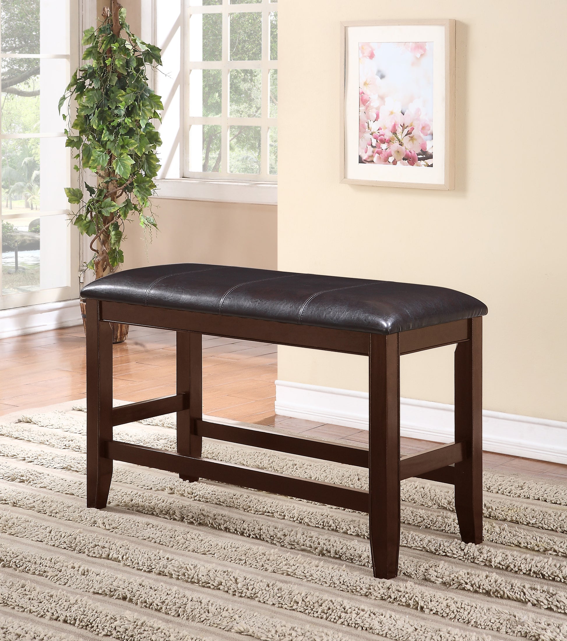 Dark brown faux leather dining bench with wood frame