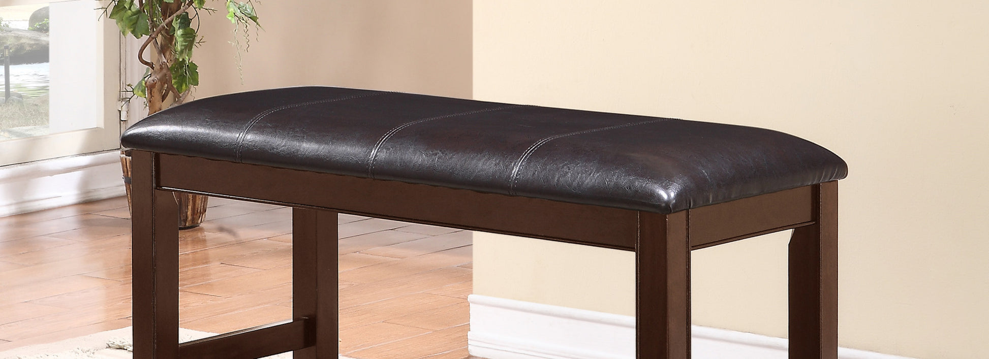 Dark brown faux leather rectangular bench with stitched detailing