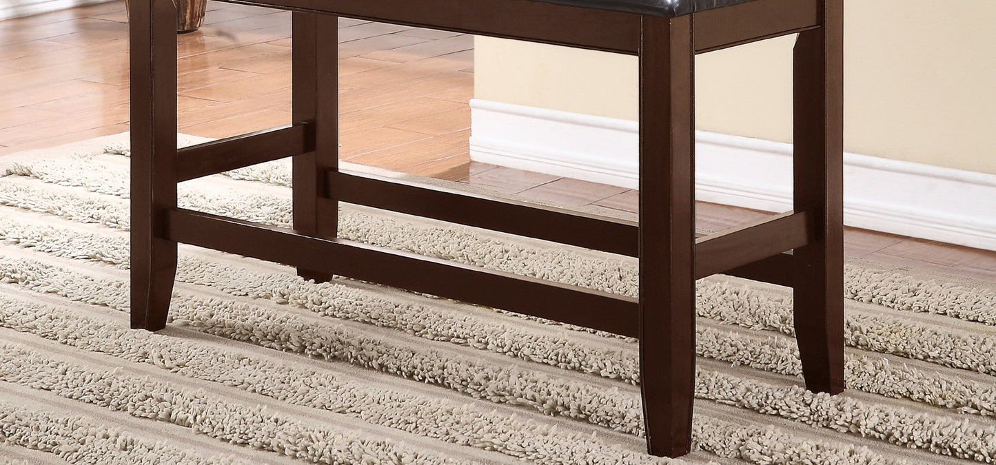 Dark wood dining chair legs on shag rug